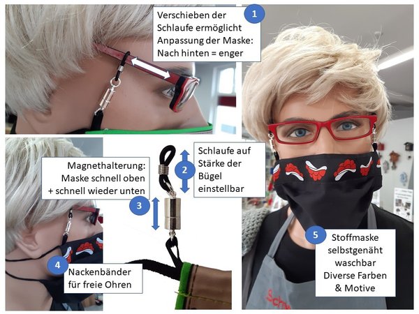 Schwarzwald Brillenmaske, Stoffmaske für Brillenträger, freie Ohren, Motiv Hirsch rot