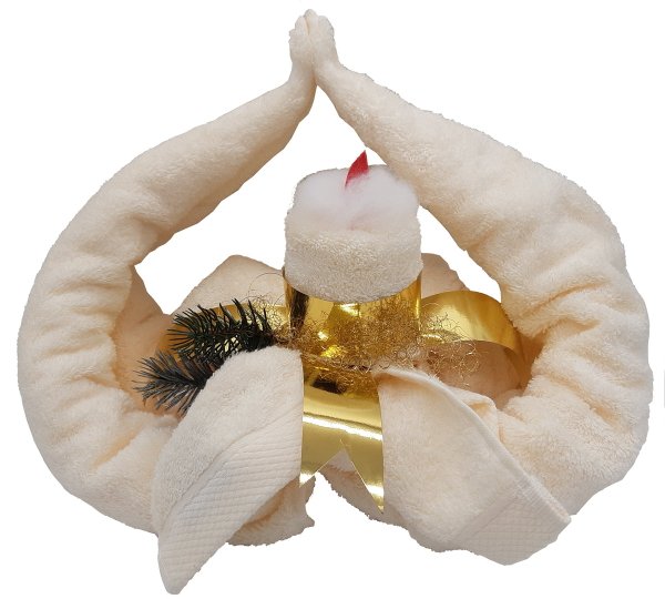 Frotteebox Geschenk Set Kerze im Bogen geformt aus 2x Handtuch, 1x Gästetuch beige mit Deko