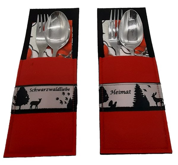 Schwarzwald Tasche für Besteck aus Filz rot-schwarz Motiv Heimat & Waldtiere selbstgenäht (2er-Set)
