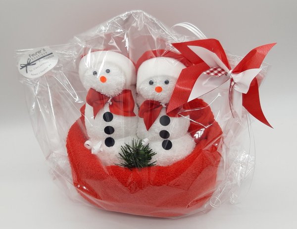 Frotteebox Geschenk Set Schneemann Paar mit Mütze geformt aus 1x Handtuch und 2x Waschhandschuh