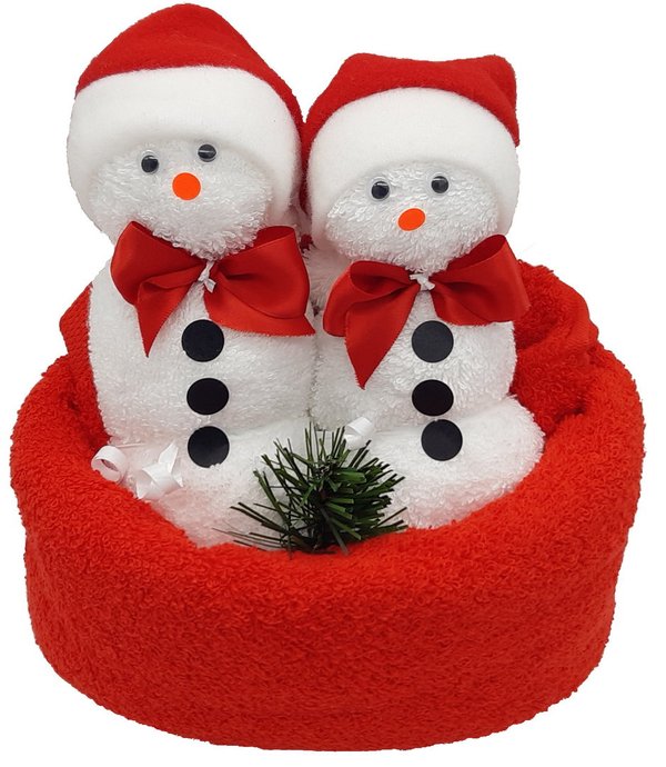 Frotteebox Geschenk Set Schneemann Paar mit Mütze geformt aus 1x Handtuch und 2x Waschhandschuh