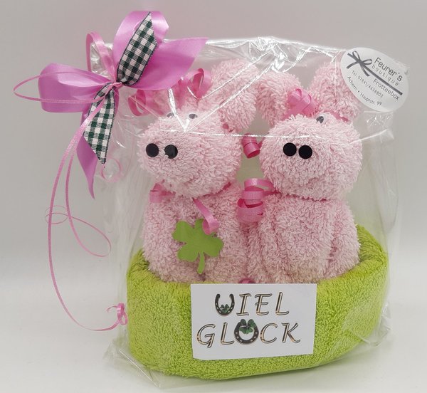 Frotteebox Geschenk Set Schweinepaar Viel Glück aus Gästetuch und 2x Waschhandschuh geformt