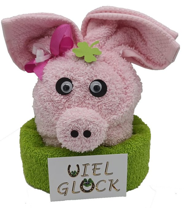 Frotteebox Geschenk Set Glücksschwein Pink aus 2x Gästetuch aus Frottee geformt