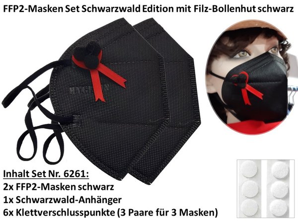FFP2-Masken Set 9-teilig mit 2x FFP2-Maske schwarz, 6x Klettpunkte, Anhänger Bollenhut schwarz