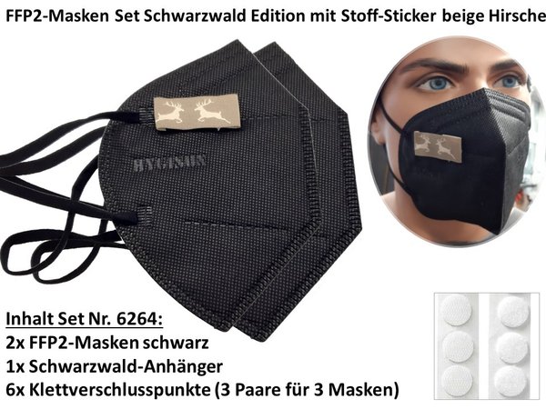 FFP2-Masken Set 9-teilig mit 2x FFP2-Maske schwarz, 6x Klettpunkte, Sticker Hirsche Stoff beige