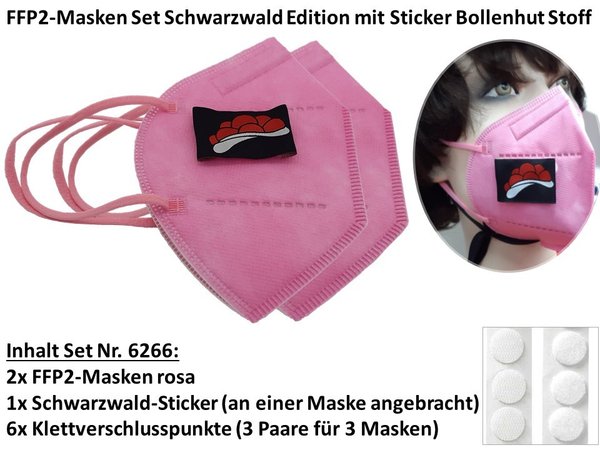 FFP2-Masken Set 9-teilig mit 2x FFP2-Maske rosa, 6x Klettpunkte, Stoff-Sticker Bollenhut
