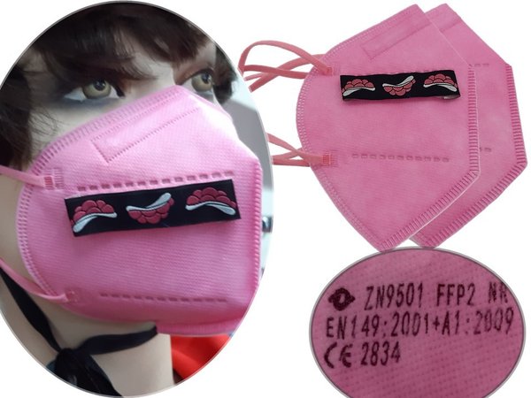 FFP2-Masken Set 9-teilig mit 2x FFP2-Maske rosa, 6x Klettpunkte, Stoff-Sticker Bollenhut rosa