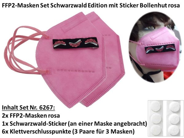FFP2-Masken Set 9-teilig mit 2x FFP2-Maske rosa, 6x Klettpunkte, Stoff-Sticker Bollenhut rosa