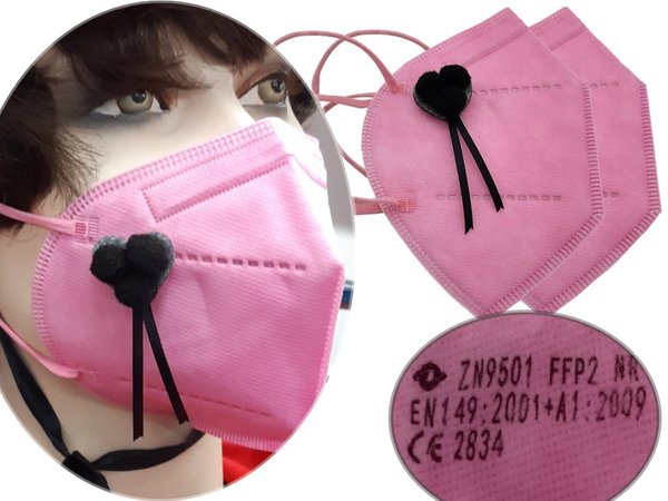 FFP2-Masken Set 9-teilig mit 2x FFP2-Maske rosa, 6x Klettpunkte, Anhänger Bollenhut Filz schwarz