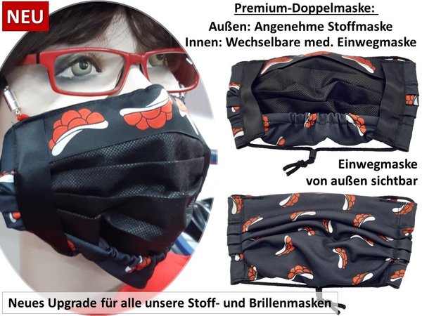 Kombimaske aus Einwegmaske und Premium-Stoff leicht und antimikrobiell Motiv Bollenhut