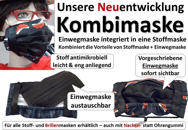 Kombimaske aus Einwegmaske und Premium-Stoff leicht und antimikrobiell Motiv Bollenhut
