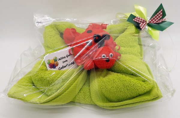 Frotteebox Geschenk Set Marienkäfer auf Kleeblatt in Handarbeit geformt aus Handtuch grün