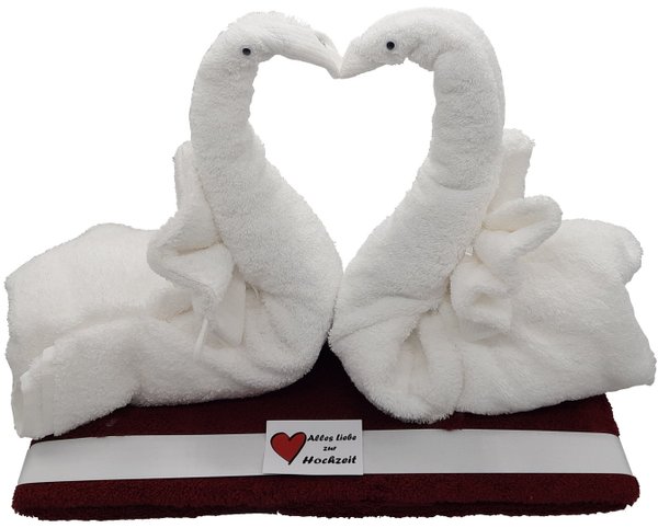 Frotteebox Geschenk Set Schwäne Hochzeitspaar aus 3x Handtuch und 2x Waschhandschuh weiß/rot
