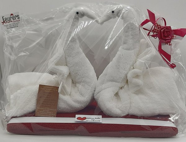 Frotteebox Geschenk Set Schwäne Hochzeitspaar aus 3x Handtuch und 2x Waschhandschuh weiß/rot