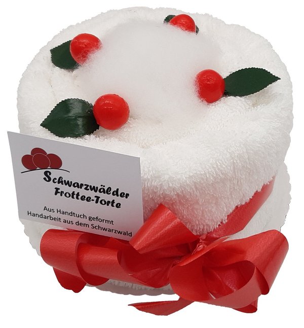 Frotteebox Geschenk Set Schwarzwälder Kirsch Torte in Handarbeit geformt aus Handtuch weiß