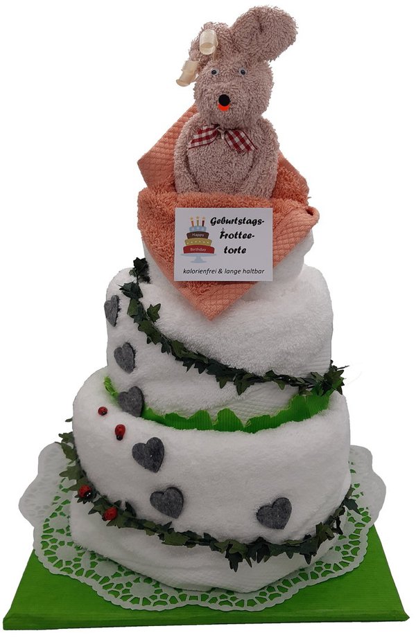 Frotteebox Geschenk Set Geburtstagstorte dreistöckig geformt aus Duschtuch, Handtuch und Gästetuch