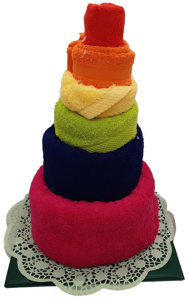 Frotteebox Geschenk Set Regenbogen Torte 6-teilig geformt aus Duschtuch Handtuch Gästetüchern