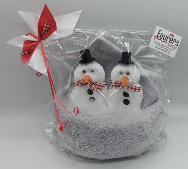 Frotteebox Geschenk Set Schneemann Paar geformt aus 2x Waschhandschuh und Handtuch grau