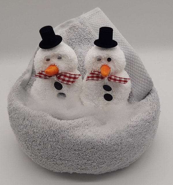 Frotteebox Geschenk Set Schneemann Paar geformt aus 2x Waschhandschuh und Handtuch grau