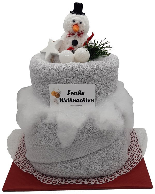 Frotteebox Geschenk Set Weihnachtstorte Schneemann geformt aus Duschtuch Handtuch Waschhandschuh