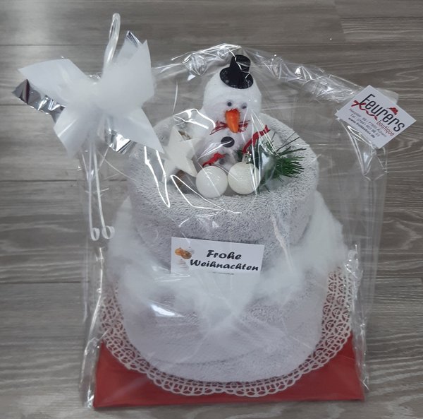 Frotteebox Geschenk Set Weihnachtstorte Schneemann geformt aus Duschtuch Handtuch Waschhandschuh