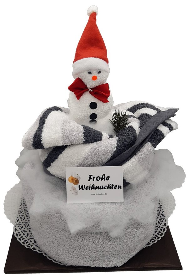 Frotteebox Geschenk Set Weihnachtstorte Schneemann mit Mütze aus Duschtuch Handtuch Waschhandschuh