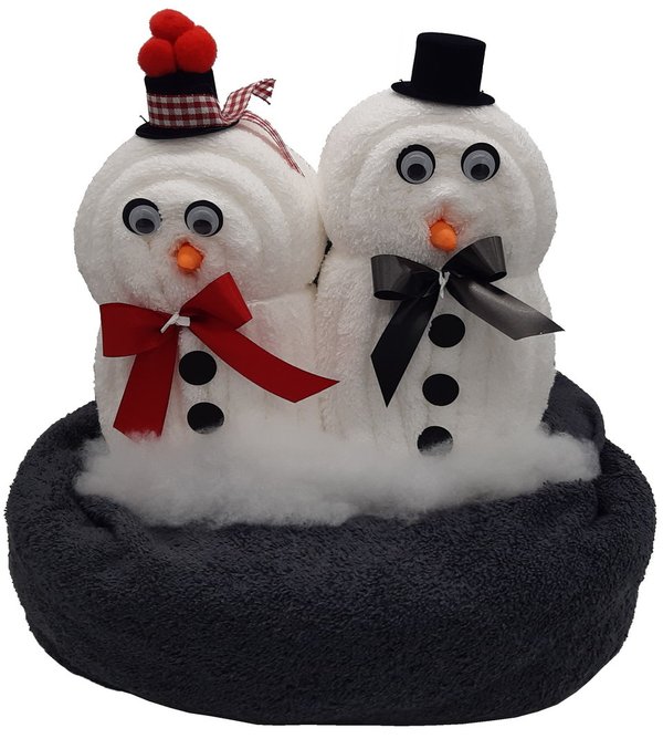 Frotteebox Geschenk Set Schneemann Paar XXL geformt aus Duschtuch grau und 2x Handtuch weiß