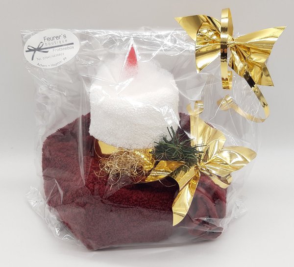 Frotteebox Geschenk Set Kerze weiß in dunkelrotem Stern in Handarbeit geformt aus Gästetuch