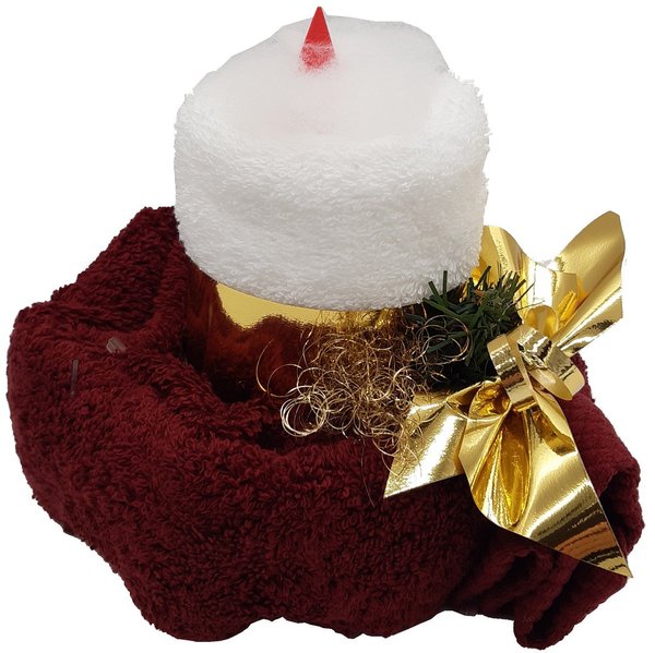 Frotteebox Geschenk Set Kerze weiß in dunkelrotem Stern in Handarbeit geformt aus Gästetuch