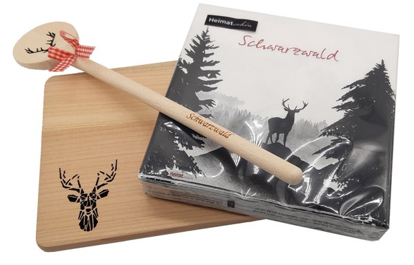 Vesperbrettchen Set Hirsch mit Kochlöffel aus Holz und Servietten Motiv Hirsch im Wald
