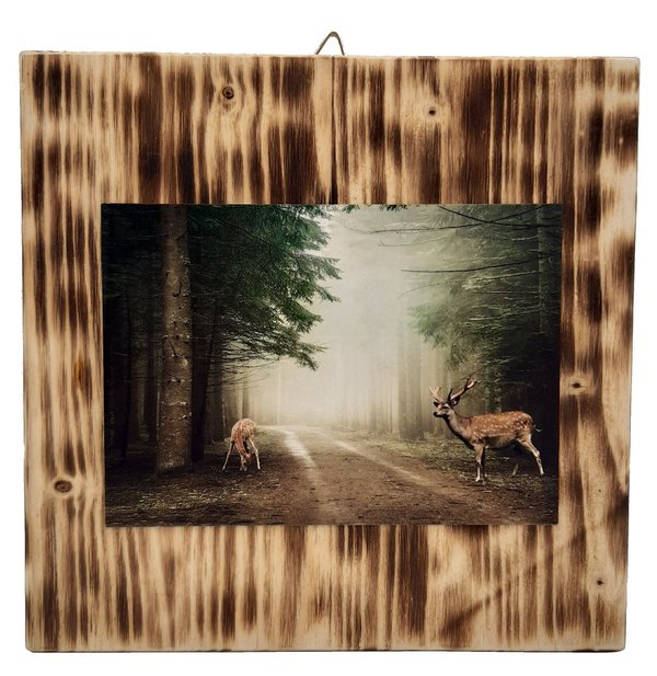 Frotteebox Holz Art Block geflammtes Tannenholz mit Postkarte Rehe im Wald