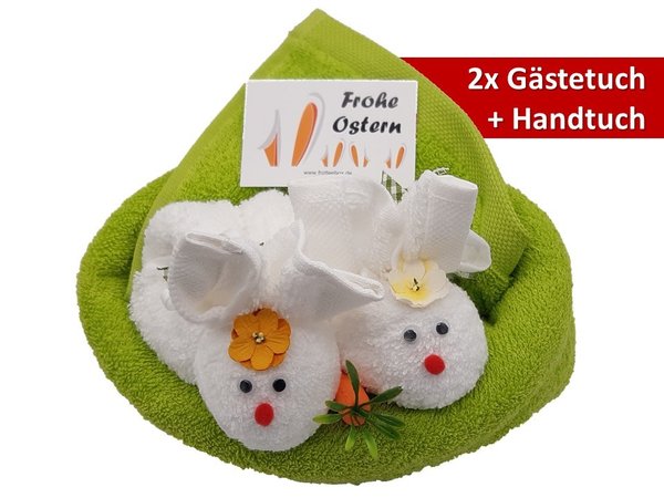 Frotteebox Geschenk Set Hasen im Nest in Handarbeit geformt aus 1x Handtuch grün + 2x Gästetuch
