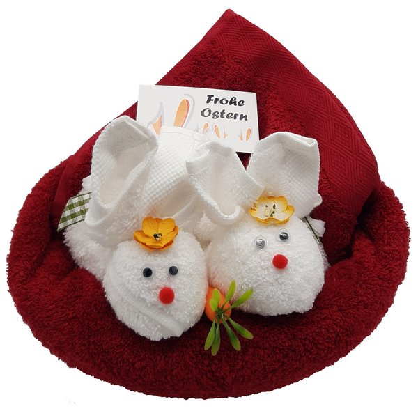Frotteebox Geschenk Set Hasen im Nest in Handarbeit geformt aus 1x Handtuch rot + 2x Gästetuch