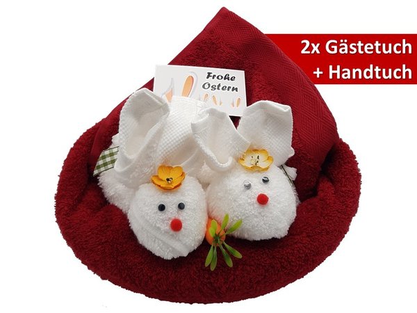 Frotteebox Geschenk Set Hasen im Nest in Handarbeit geformt aus 1x Handtuch rot + 2x Gästetuch