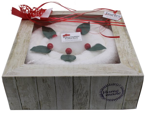 Frotteebox Geschenk Set Schwarzwälder Kirsch Torte aus Duschtuch geformt in Kuchenkarton