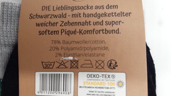 Schwarzwald Sneaker Socken 2er-Set aus 78% Baumwolle grau, grün und schwarz mit Heimat Motiven